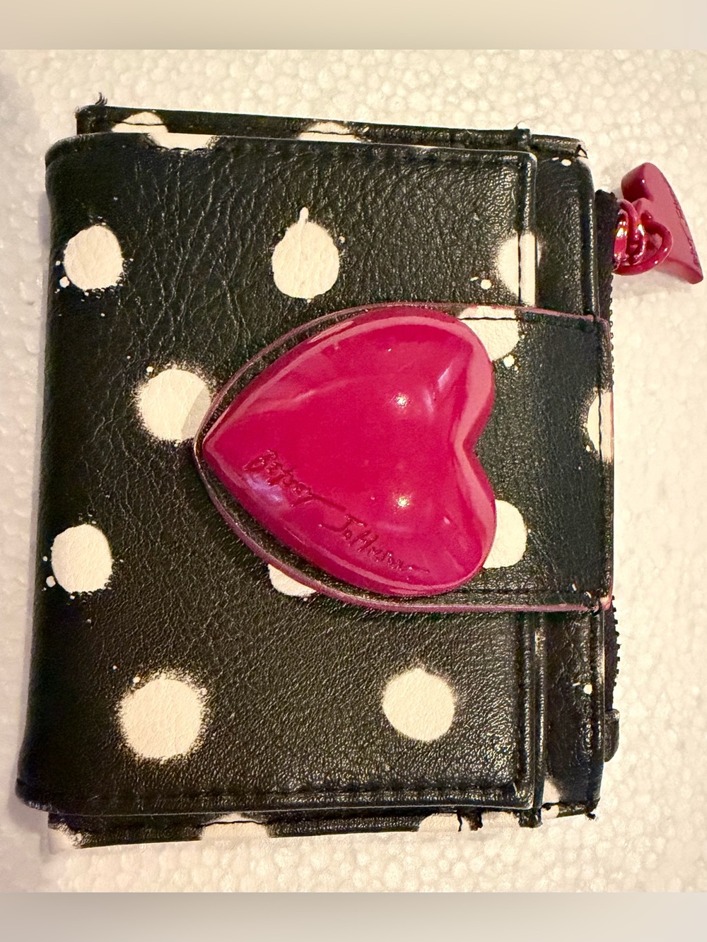 Betsey Johnson Black & White Polka Dot Wallet with Hot Pink Heart Snap